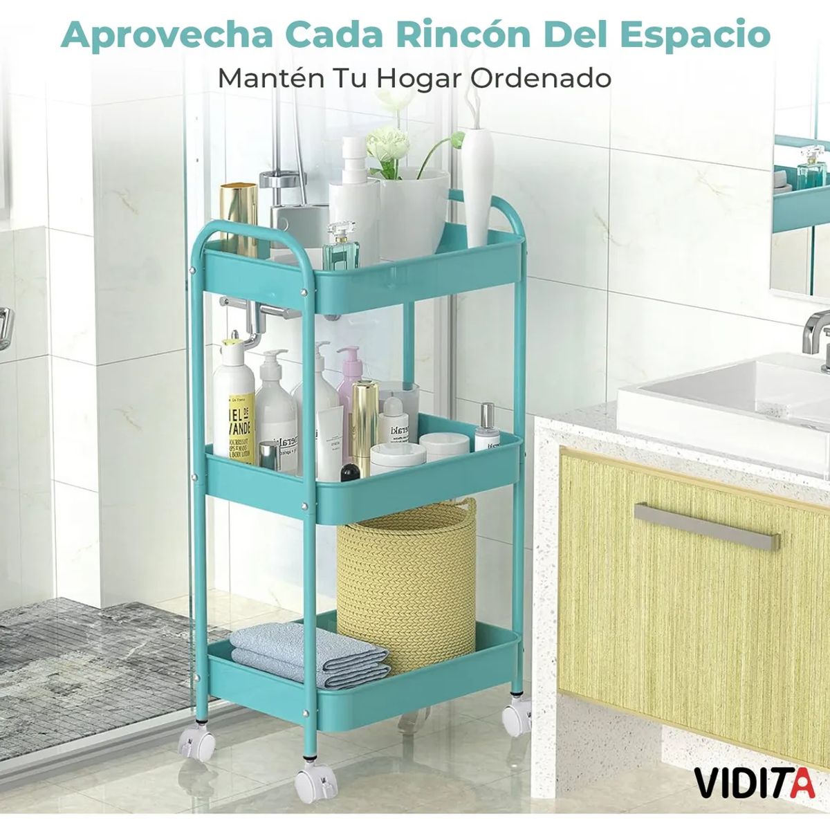 GENERICO - Carrito Organizador Metal 3 Niveles Ruedas Bloqueables Azul Azul