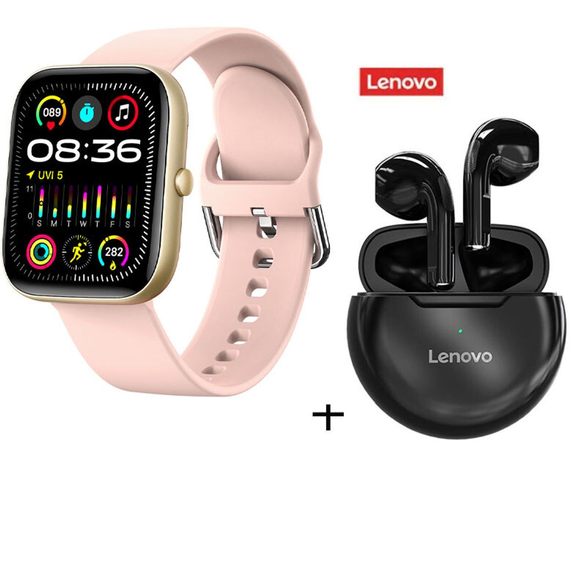 LENOVO - Combinación de Audifonos Lenovo HT38 negros + reloj inteligente rosa