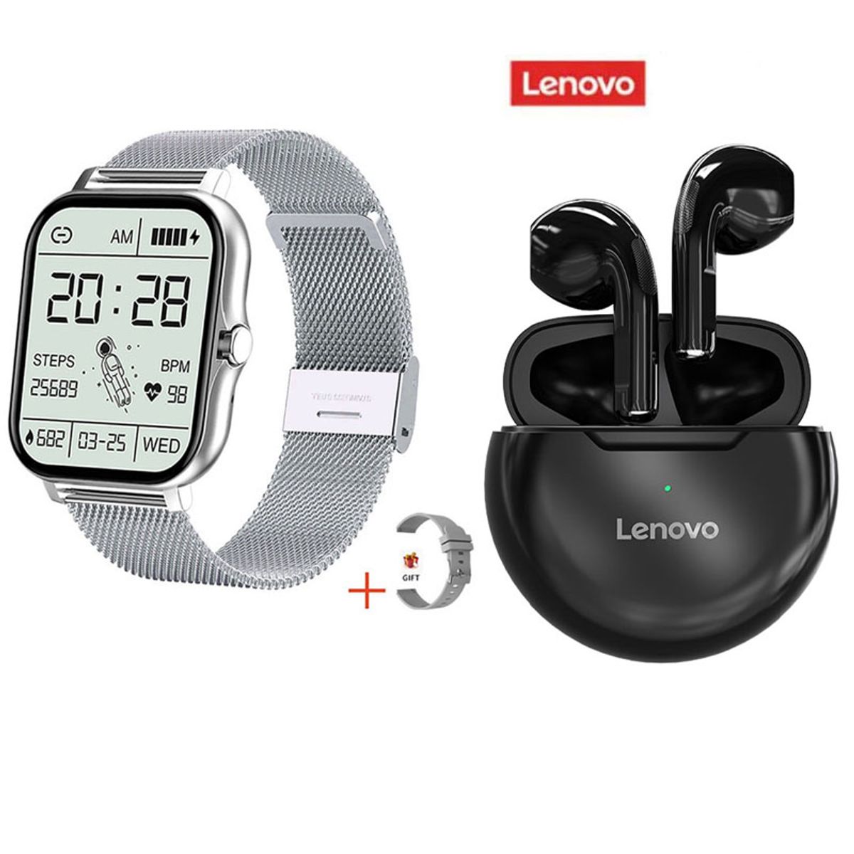 LENOVO - Relojes inteligentes de 183 pulgadas plata y combo Lenovo HT38 Negro