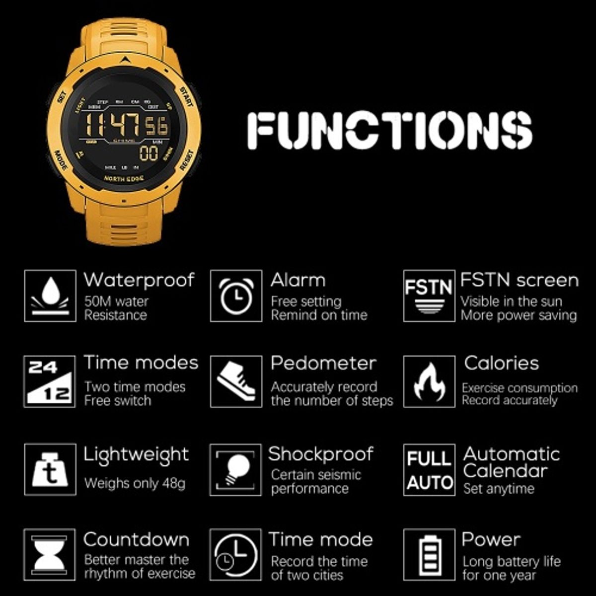 NORTH EDGE - NORTH EDGE Mars Reloj deportivo digital a prueba de agua 50M