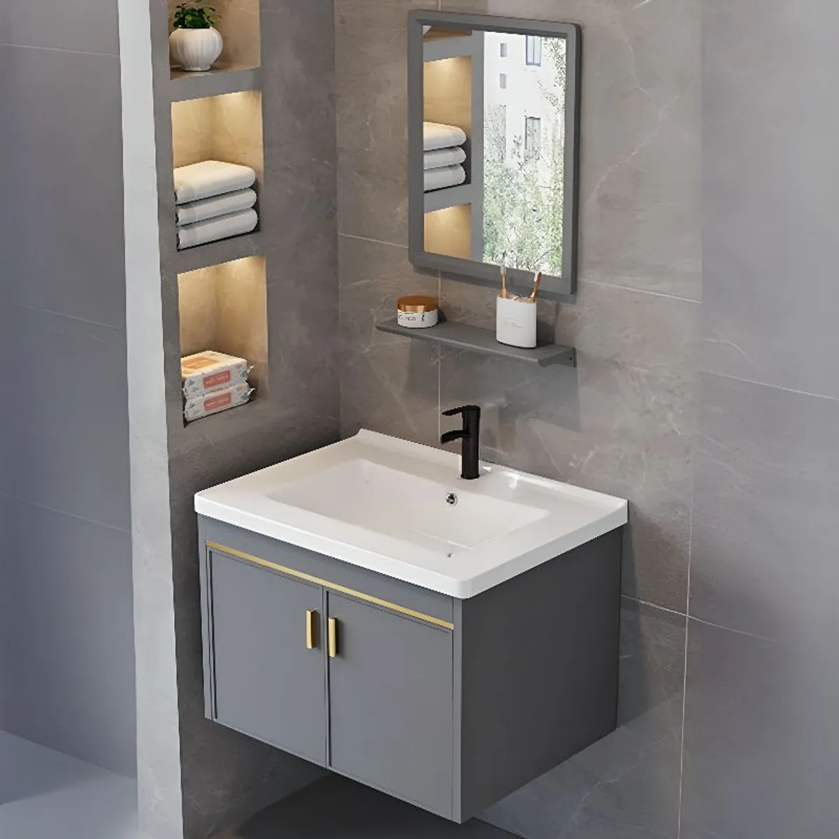 BLUEDREAMER - Mueble de baño de cerámica incluye estantes grifería espejo mueble grifo y espejo