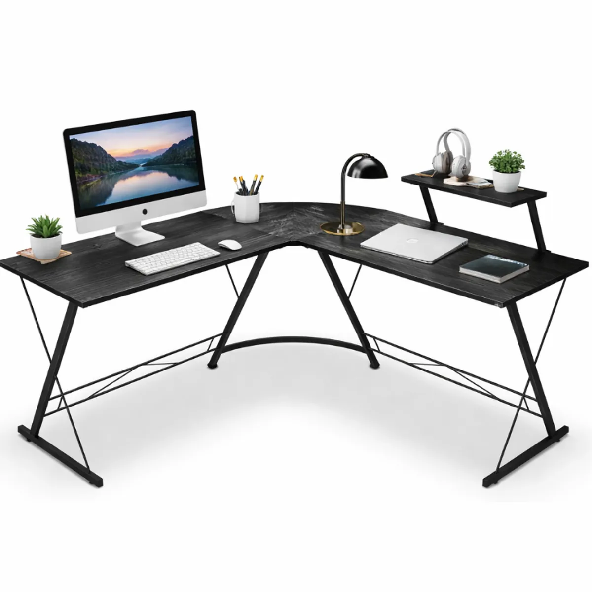 GENERICO - Escritorio Esquinero En L Con Estante Para Monitor Home Office Estudio Teletrabajo Estructura Metálica