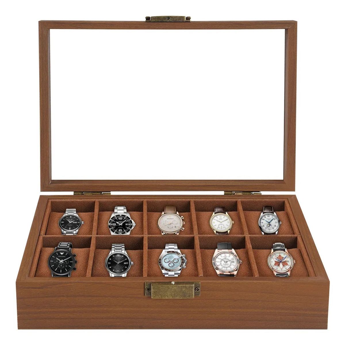KUANGYE - Caja Para Relojes Y Alhajero Con 10 Compartimentos En Nogal