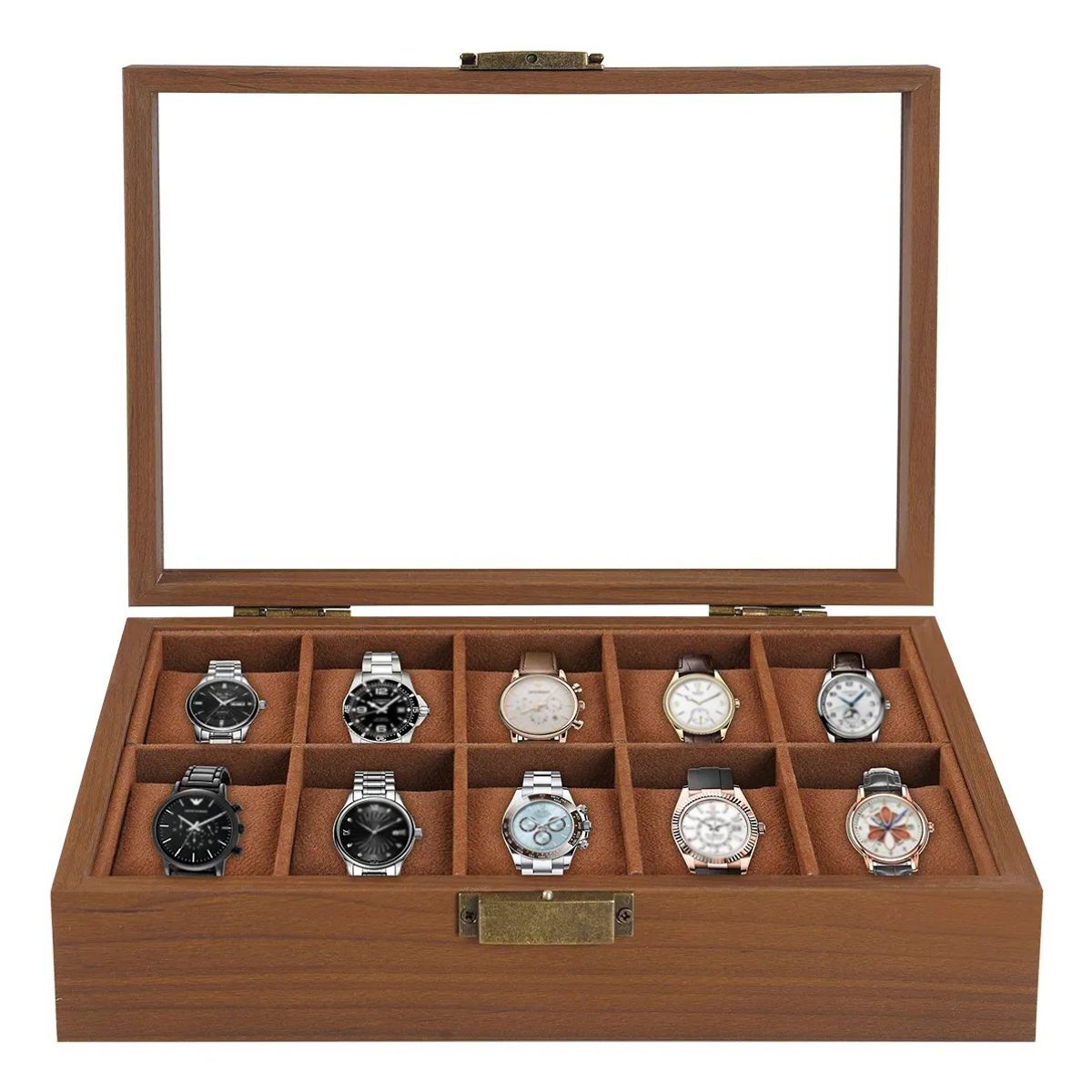 KUANGYE - Caja Para Relojes Y Alhajero Con 10 Compartimentos En Nogal