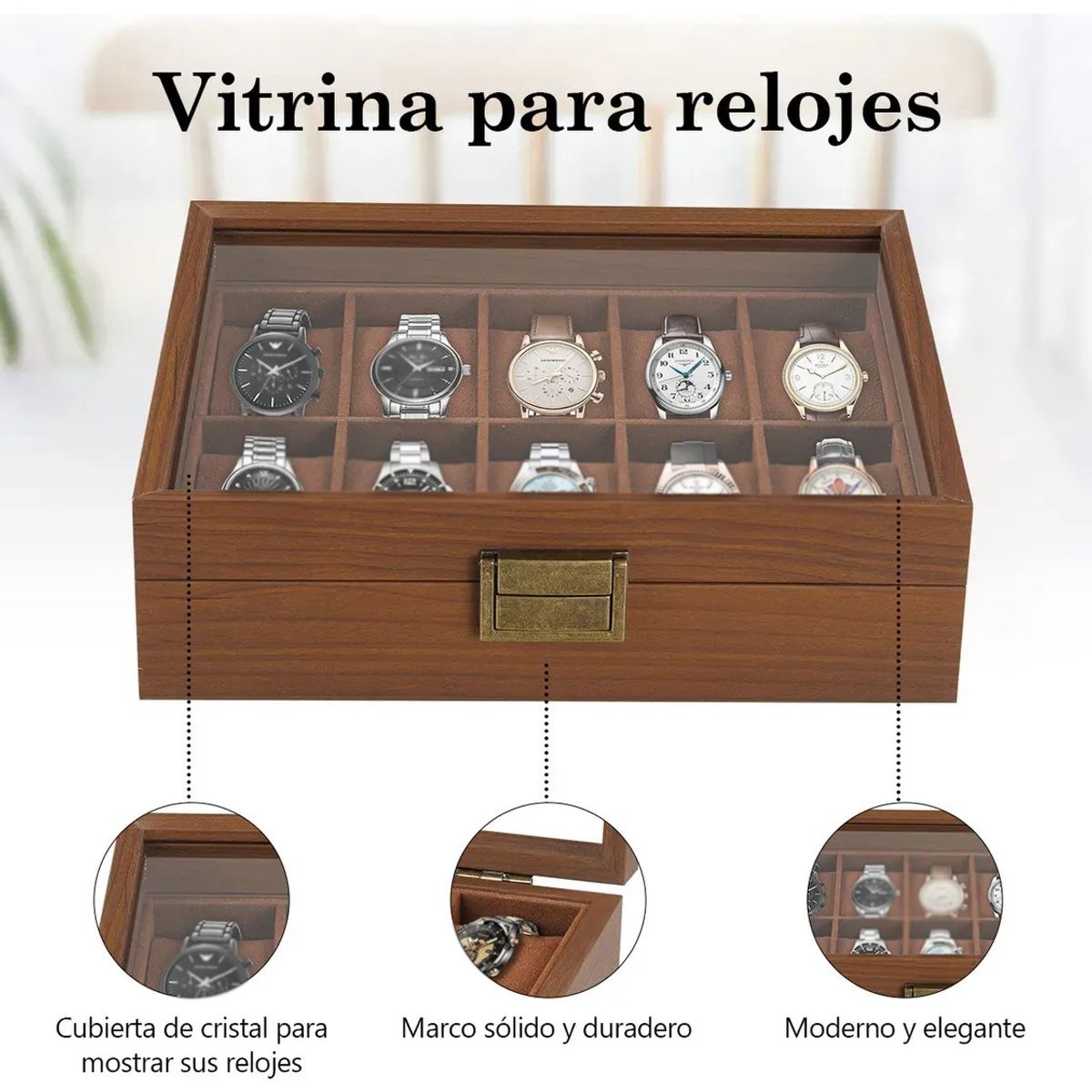 KUANGYE - Caja Para Relojes Y Alhajero Con 10 Compartimentos En Nogal