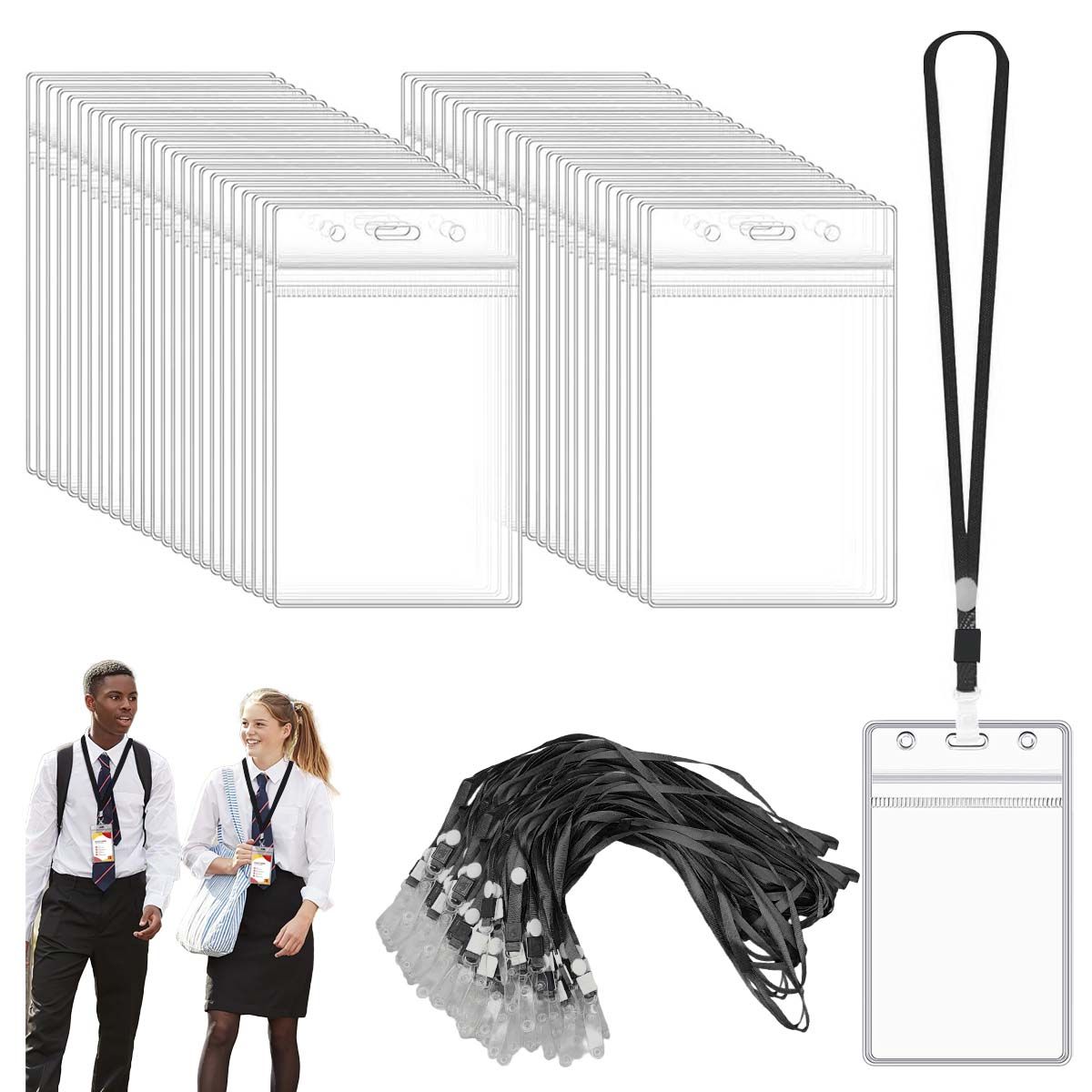 DEKANO - Pack 100 Pcs Porta Credencial Plastico Transparente 11.5×6.5cm con Lanyard Negro