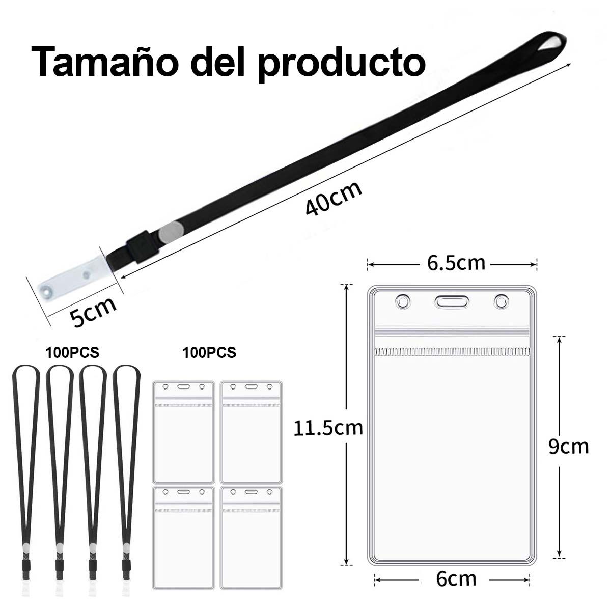 DEKANO - Pack 100 Pcs Porta Credencial Plastico Transparente 11.5×6.5cm con Lanyard Negro