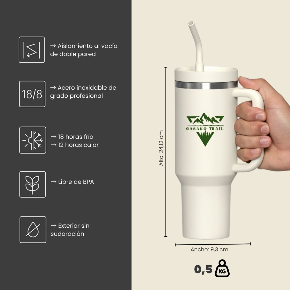 GENERICO - Vaso Tumbler térmico 1,2 L con asa y bombilla Trail acero inoxidable Marfil Starlight
