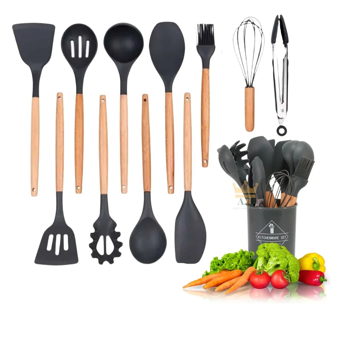 GENERICO - Set Utensilios Cocina Mango Silicona Y Madera Repostería
