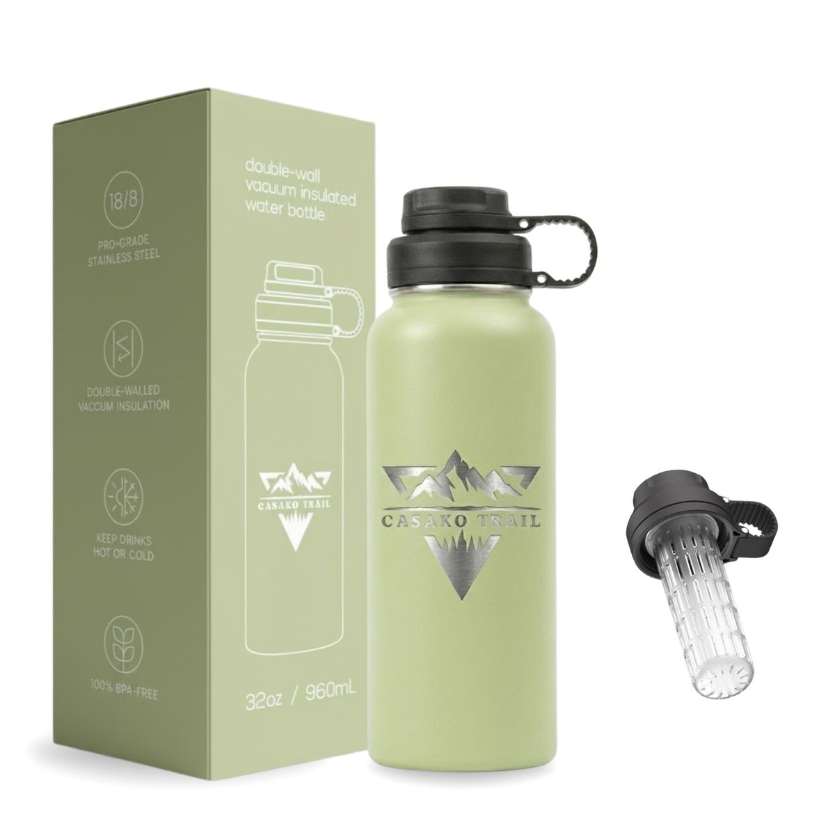 GENERICO - Botella térmica 1 L (950 ml) acero inoxidable Verde Salvia con infusor