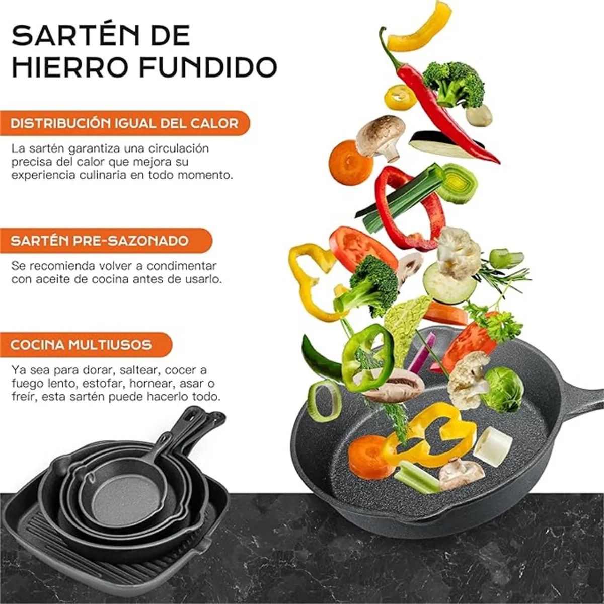 GENERICO - Sartenes De Hierro Fundido Juego De Sartenes 5 Piezas Negro