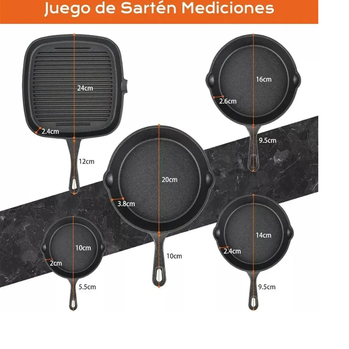 GENERICO - Sartenes De Hierro Fundido Juego De Sartenes 5 Piezas Negro Negro