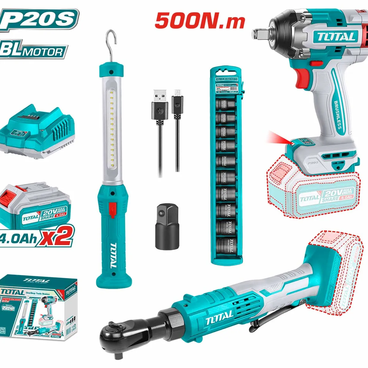 TOTAL - Kit Llave Impacto 500Nm + Lampara +Chicharra Inalámbrica 20V