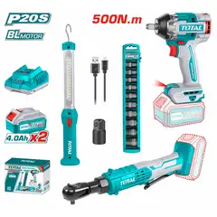 TOTAL - Kit Llave Impacto 500Nm + Lampara +Chicharra Inalámbrica 20V