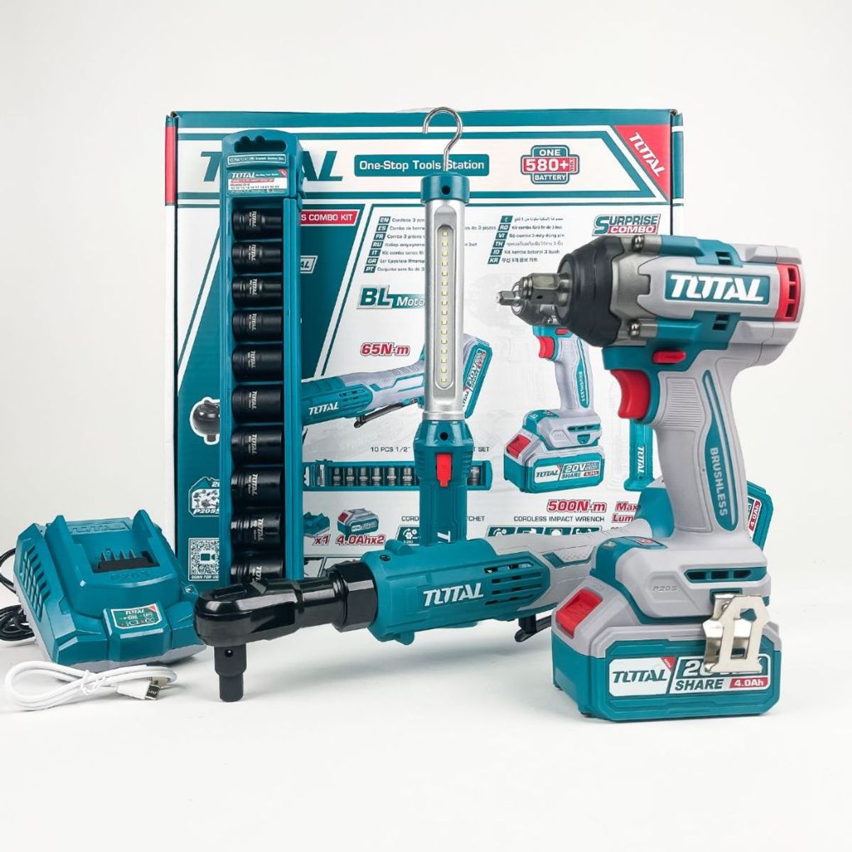 TOTAL - Kit Llave Impacto 500Nm + Lampara +Chicharra Inalámbrica 20V