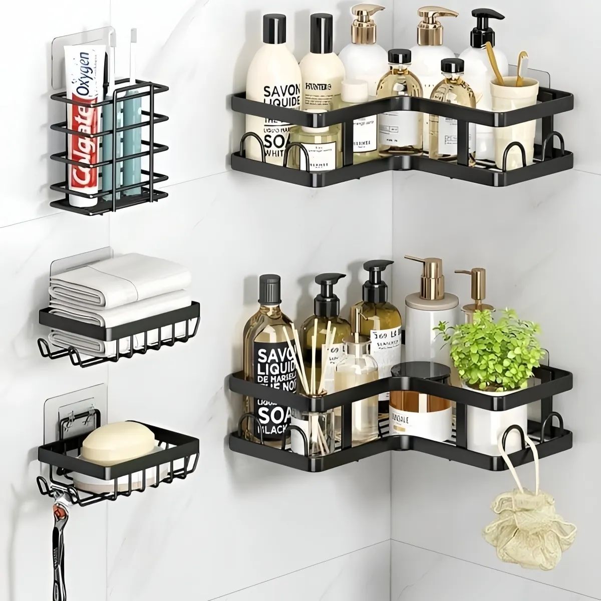 GENERICO - Organizador De Ducha Repisa Baño Adhesivo Set 5 Vida Buenas Negro