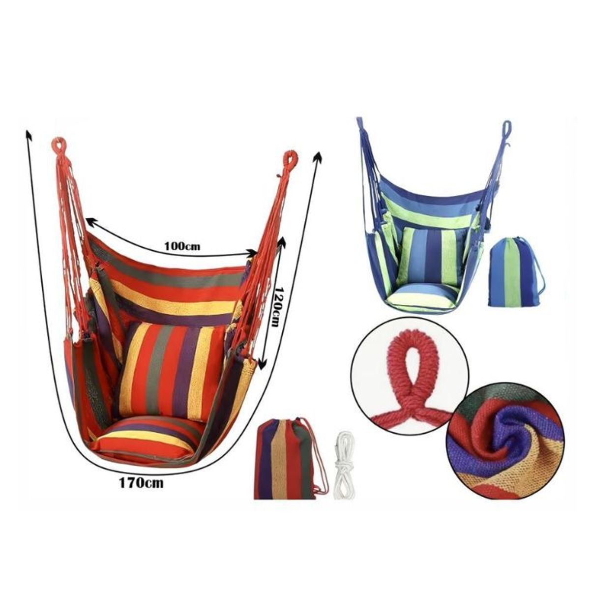 GENERICO - Silla Hamaca Colgante + Cojines 170x120x100cm
