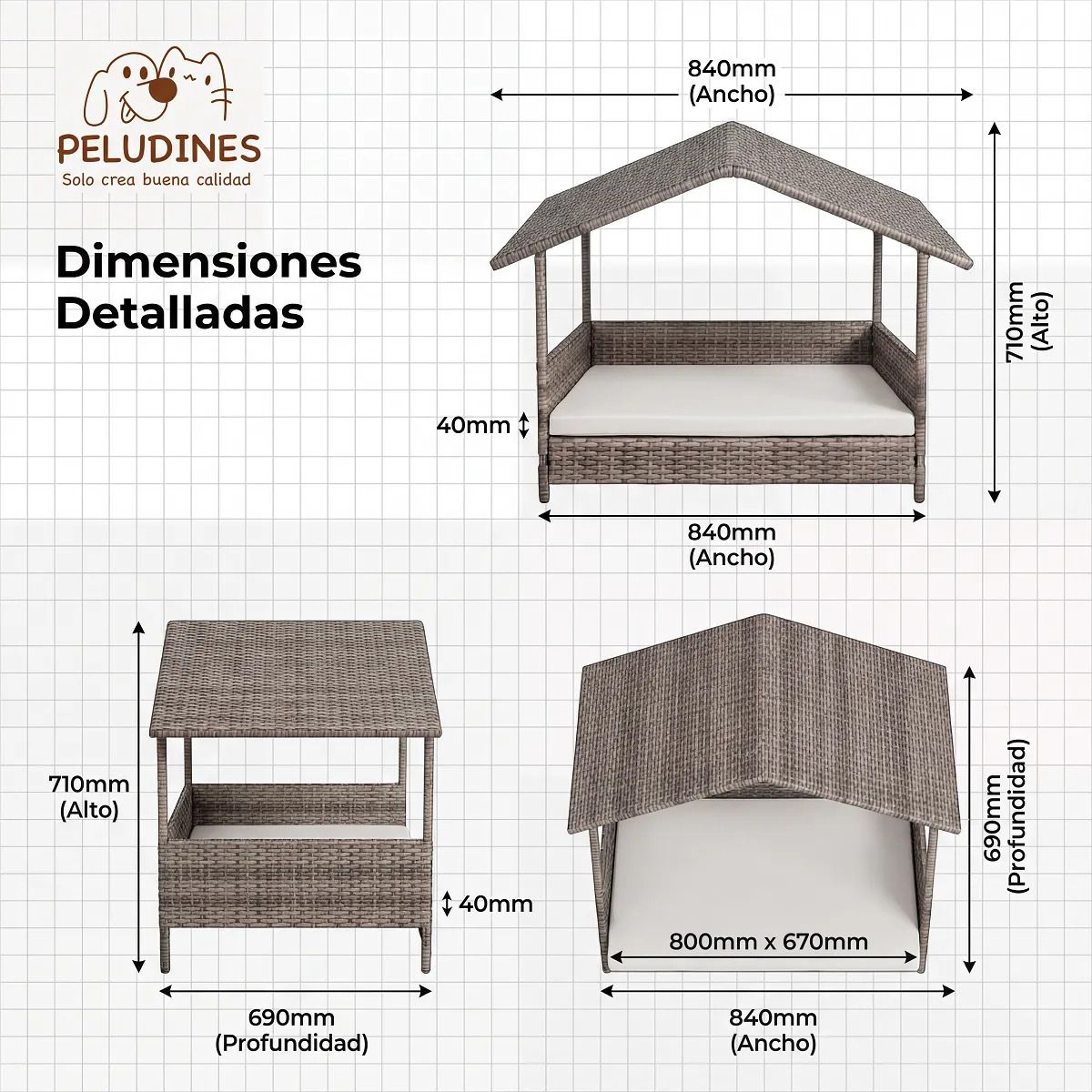 PELUDINES - Casa Para Perros Exterior Grande 84x69x71cm Con Cojin