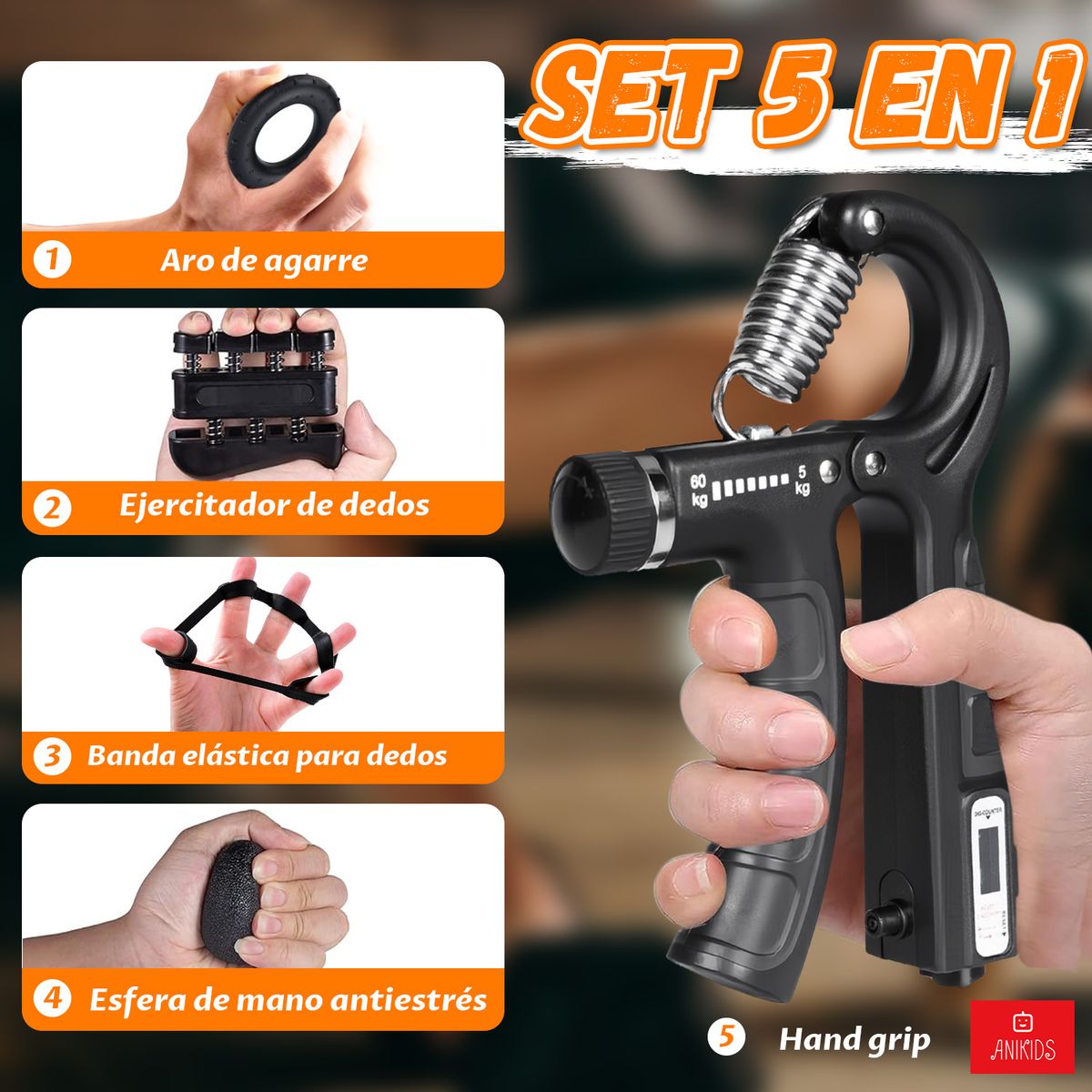 Set 5 En 1 Hand Grip Ejercitador Mano Y Antebrazo 5-60 Kg, marca ANIKIDS - Foto 2