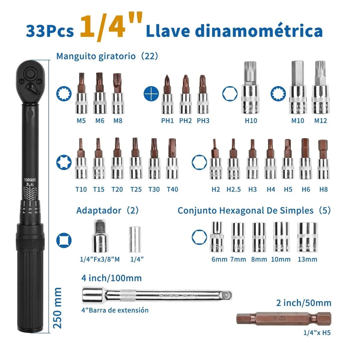 KUANGYE - Llave De Torque Profesional  1/4 2-24nm 33piezas