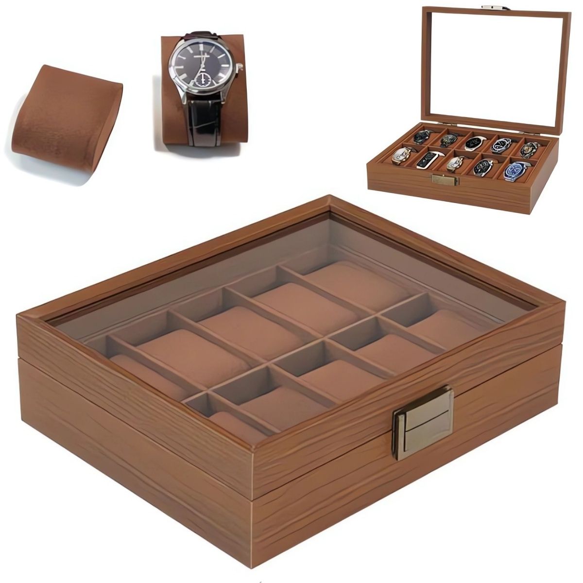 KUANGYE - Caja de Relojes con 10 Ranuras, Estuche de Relojes de Madera con Tapa,Forro de Terciopelo,Nogal