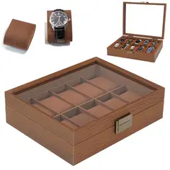 KUANGYE - Caja de Relojes con 10 Ranuras, Estuche de Relojes de Madera con Tapa,Forro de Terciopelo,Nogal