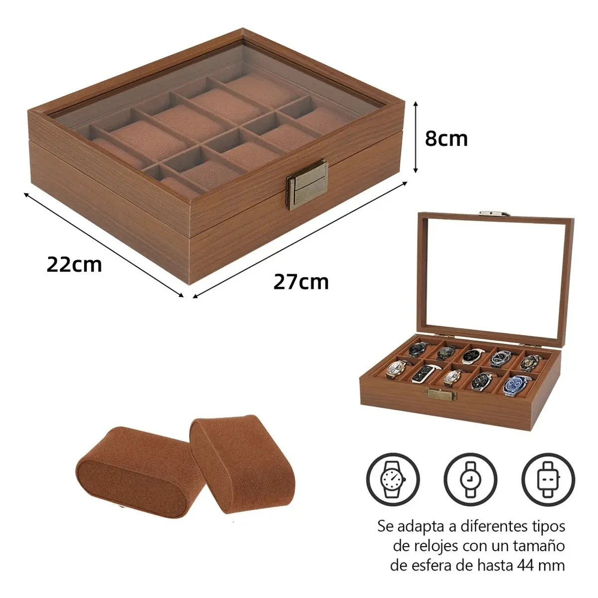 KUANGYE - Caja de Relojes con 10 Ranuras, Estuche de Relojes de Madera con Tapa,Forro de Terciopelo,Nogal