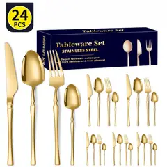 TIOZONEY - Conjunto de cubiertos dorados de 24 piezas