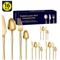 TIOZONEY - Conjunto de cubiertos dorados de 16 piezas
