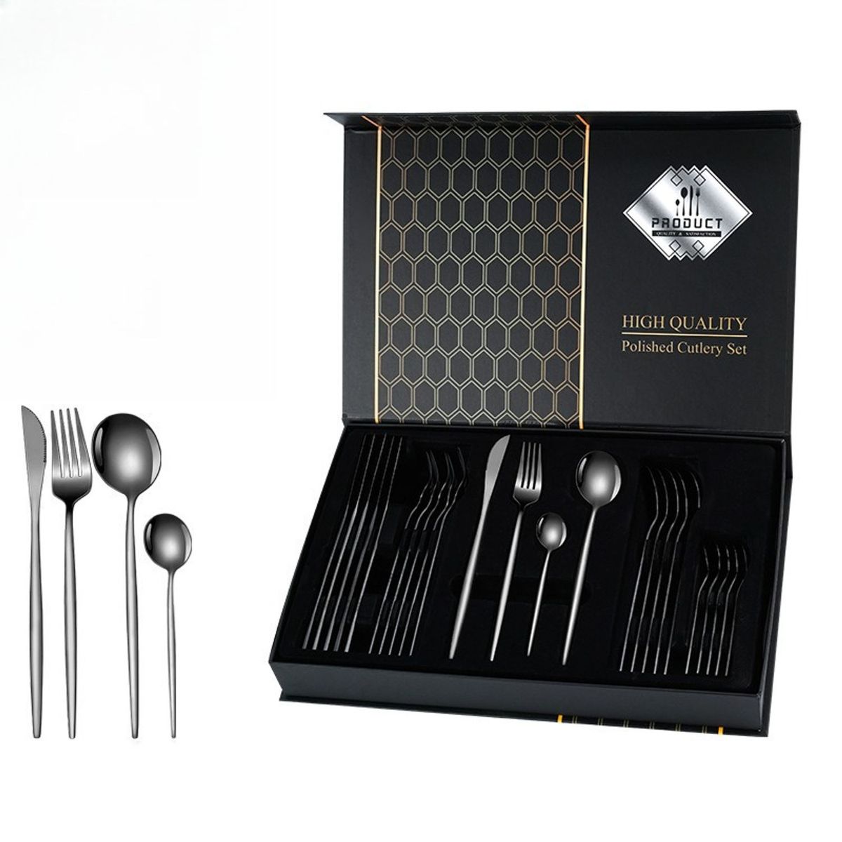 TIOZONEY - Conjunto de cubiertos color plata satinada de 24 piezas​