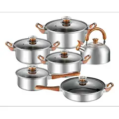 IRM - Juego De Ollas Con Mangos De Veta De Color Madera 12 Piezas Plateado