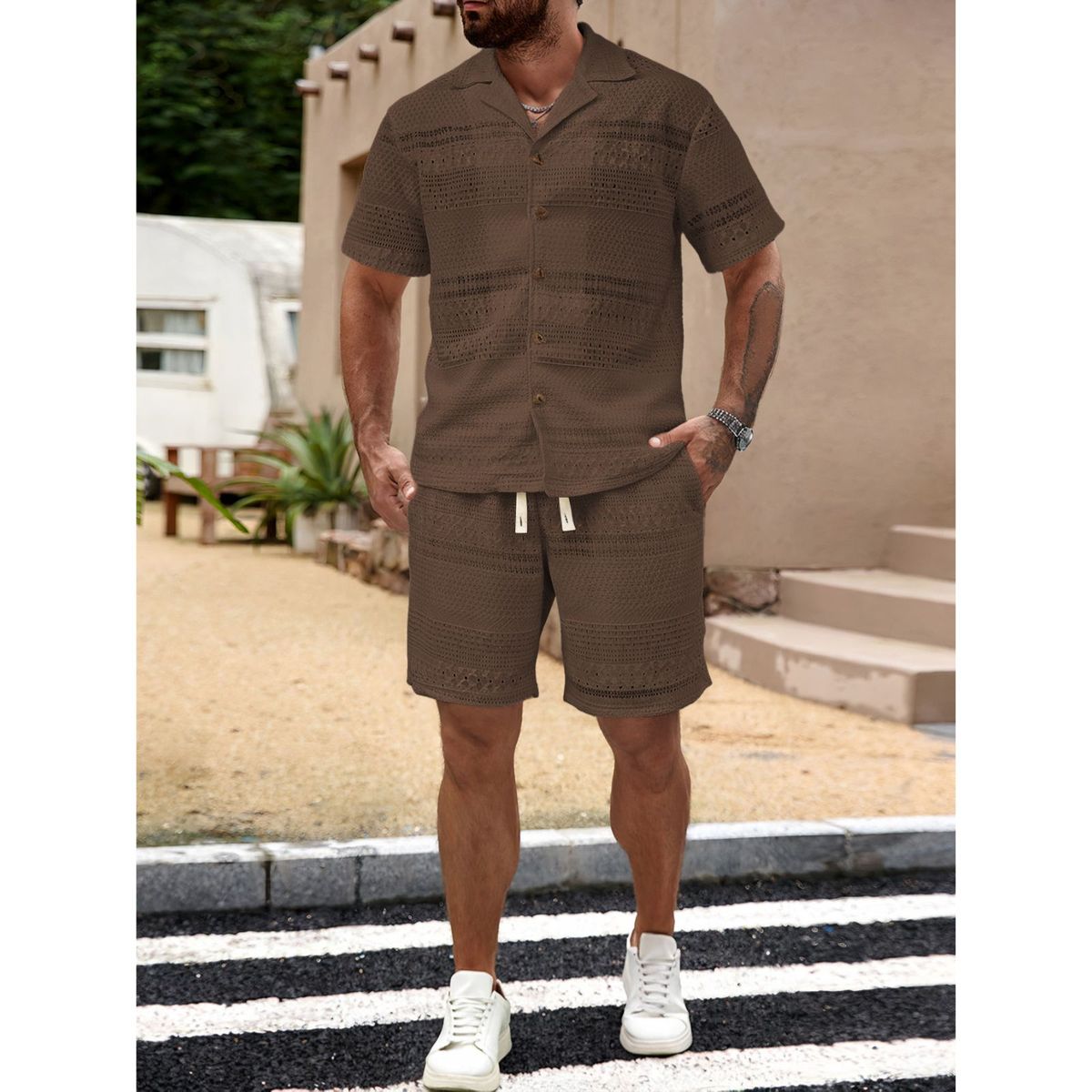 LIKE SHOP - Conjunto Hombre 2 Piezas Short Camisa Textura Botones Urbano 0278