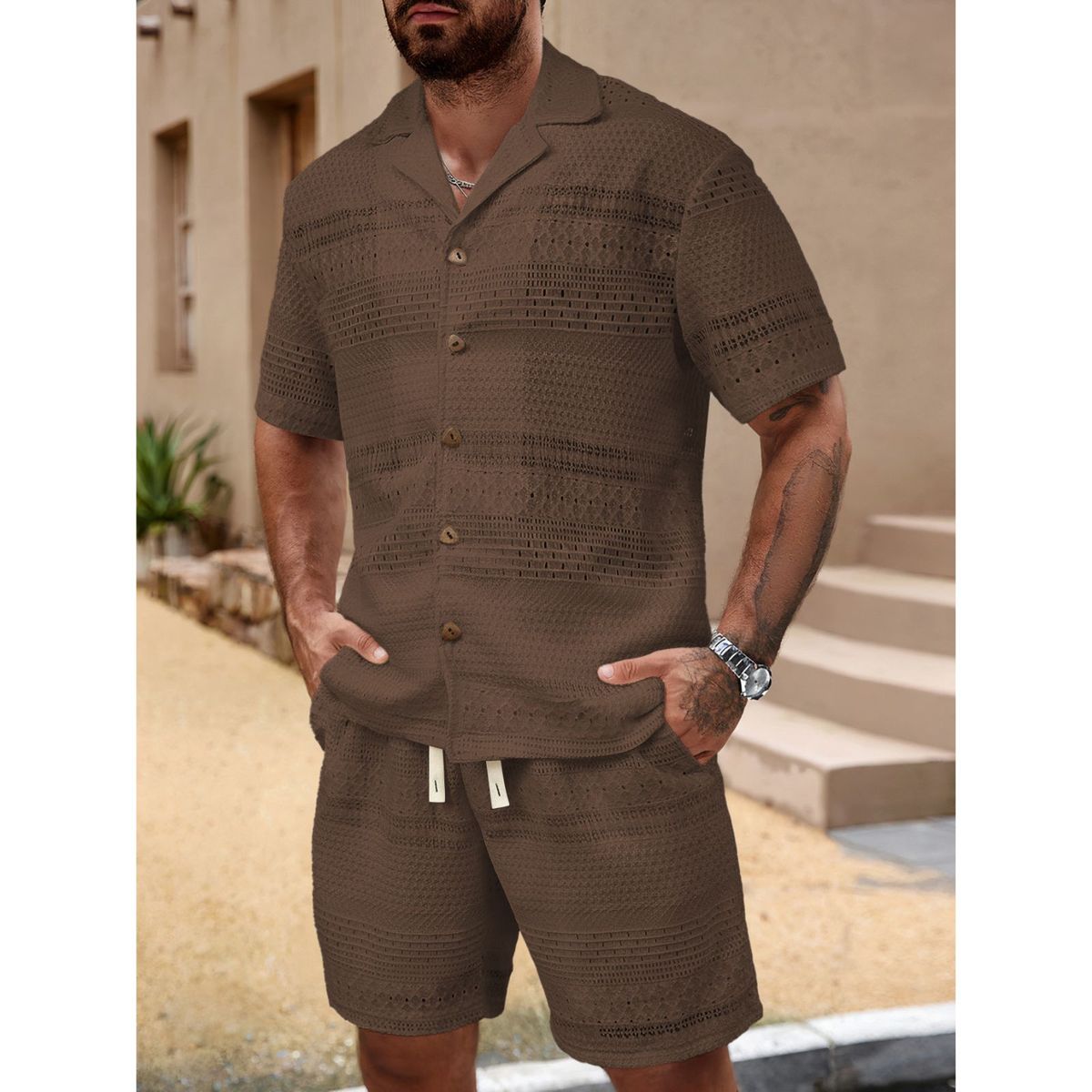 LIKE SHOP - Conjunto Hombre 2 Piezas Short Camisa Textura Botones Urbano 0278