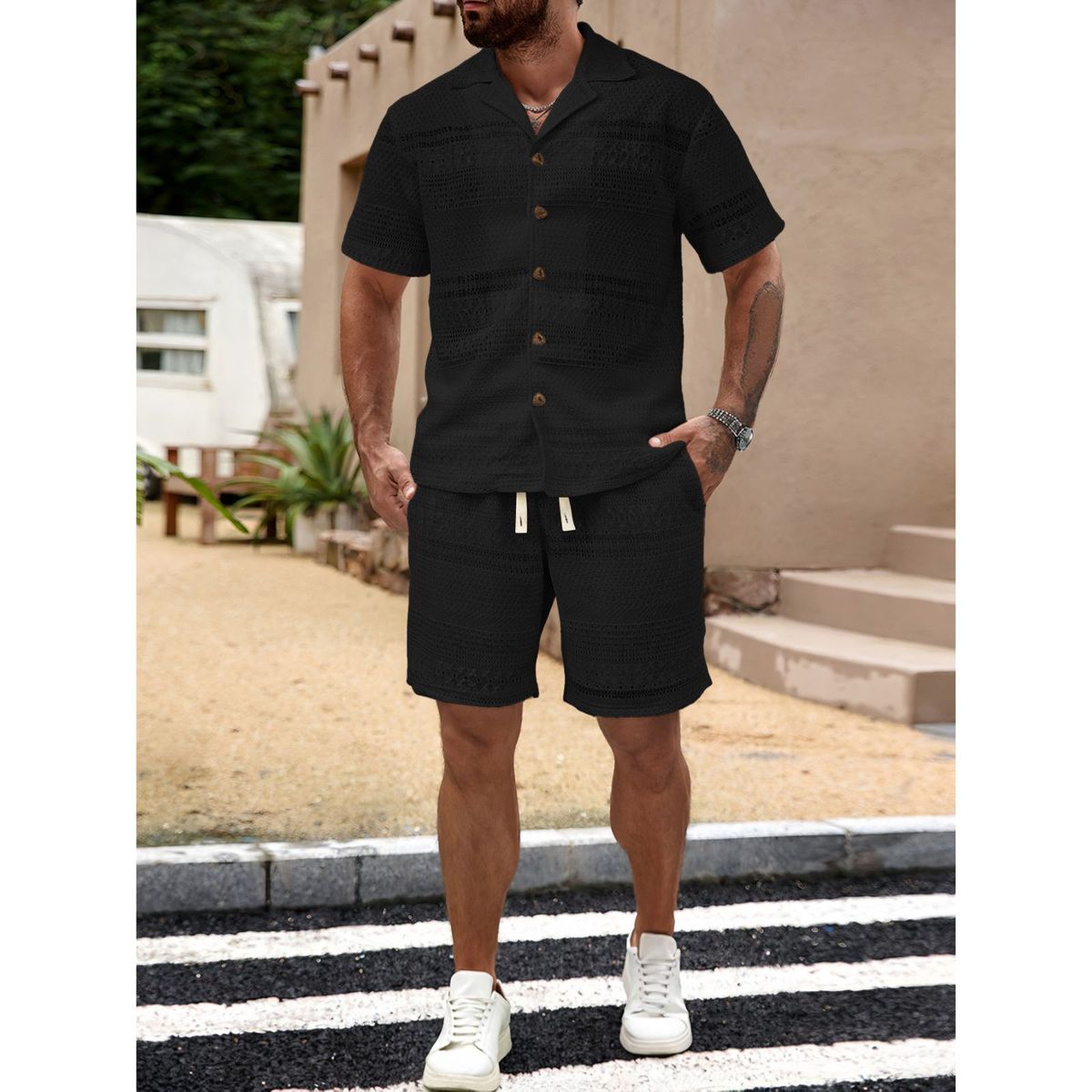 LIKE SHOP - Conjunto Hombre 2 Piezas Short Camisa Textura Botones Urbano 0278