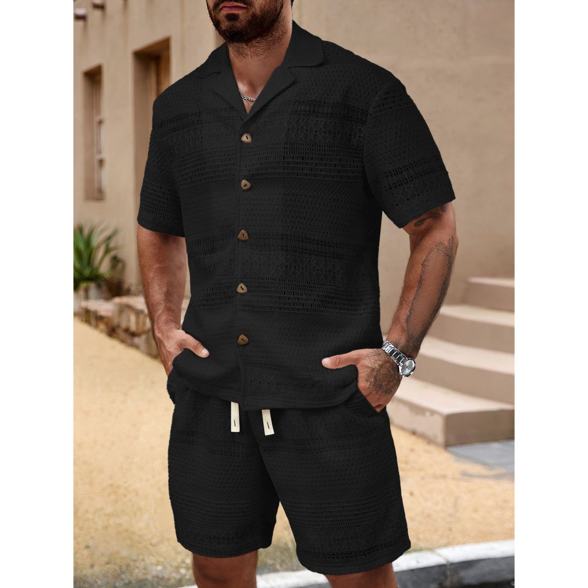 LIKE SHOP - Conjunto Hombre 2 Piezas Short Camisa Textura Botones Urbano 0278