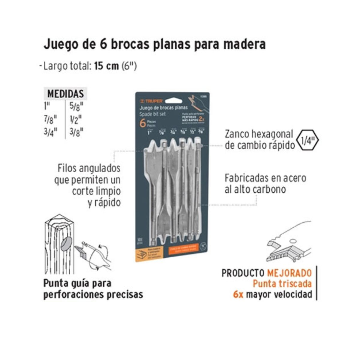TRUPER - Juego de 6 Brocas Planas para Madera Truper