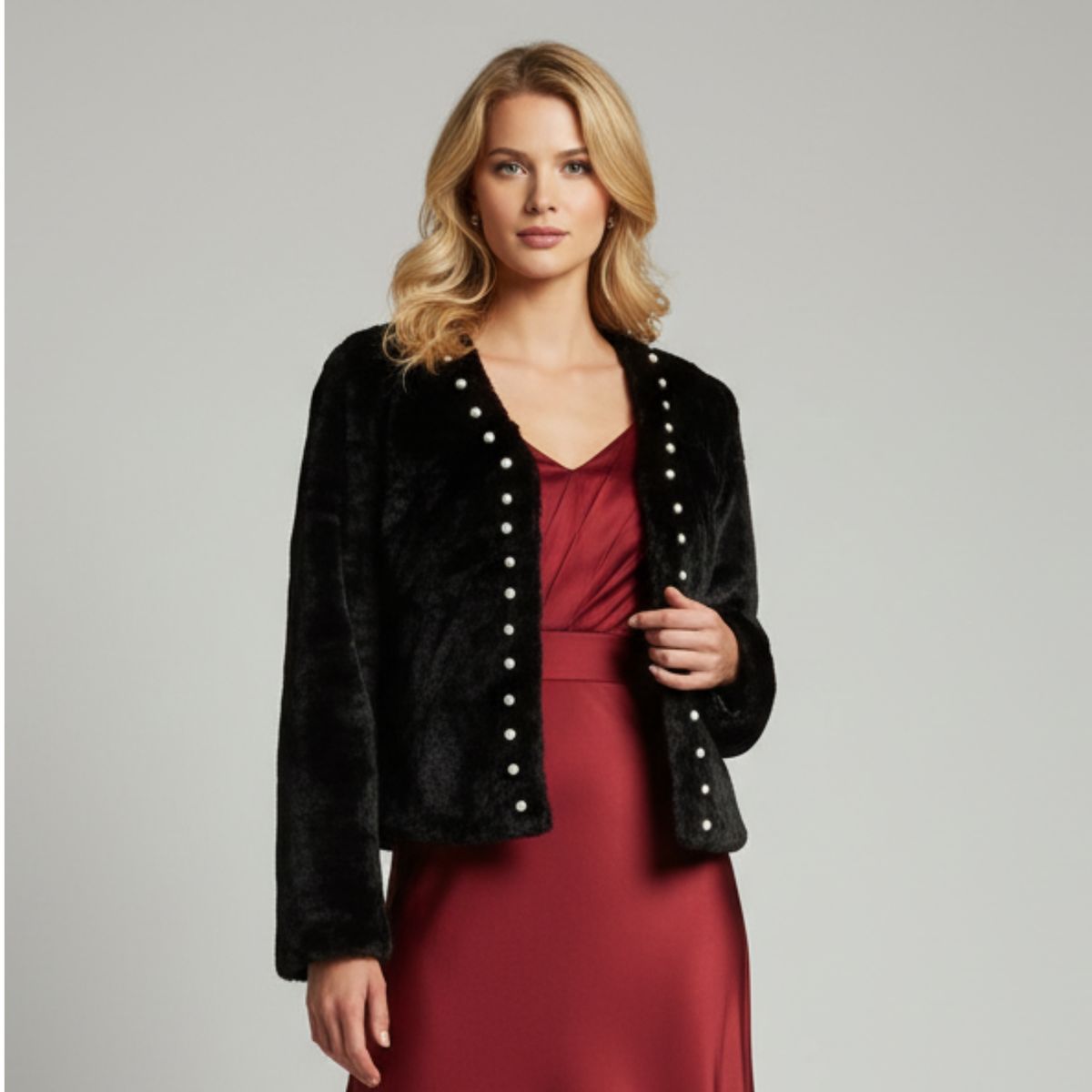 LIKE SHOP - Chaqueta Corta Mujer Tipo Peluche Con Perlas Elegante Fiesta 6064