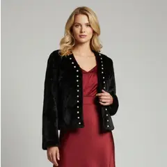 LIKE SHOP - Chaqueta Corta Mujer Tipo Peluche Con Perlas Elegante Fiesta 6064