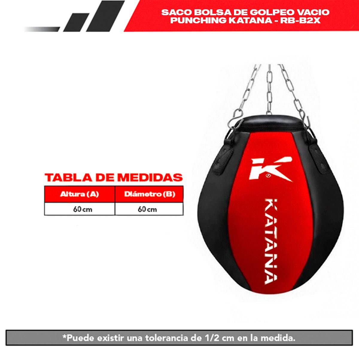 KATANA - Saco Bolsa de Golpeo Vacío Punching Katana – 60 cm x 60 cm Cuero Maya Gel + guantes – RB-B2X