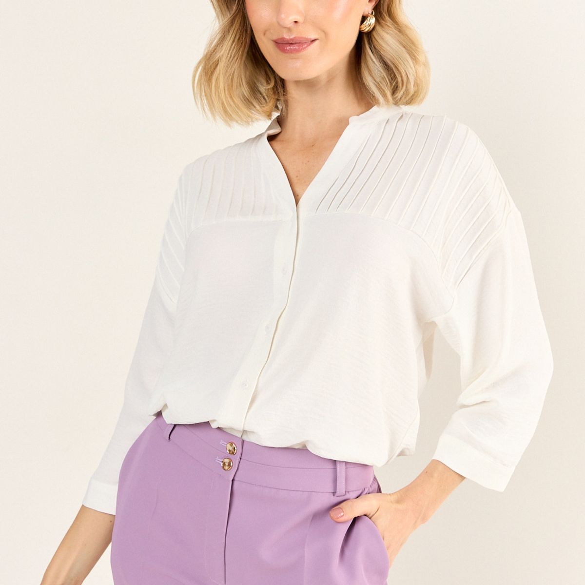 MA GRIFFE - Blusa Cuello Mao Mujer Crudo Magriffe