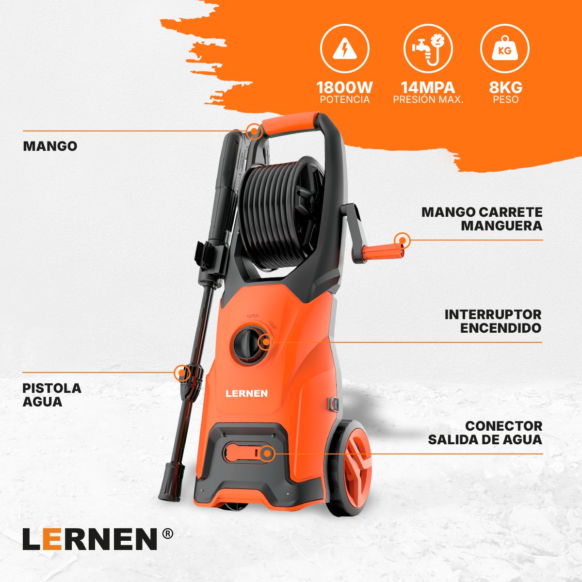 Hidrolavadora Pro 1800w Con Espumador Y Ruedas Lernen, marca LERNEN - Foto 2
