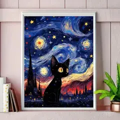 GENERICO - Pintura Por Numeros Gato Noche Estrellada Pinta Cuadro 30x20