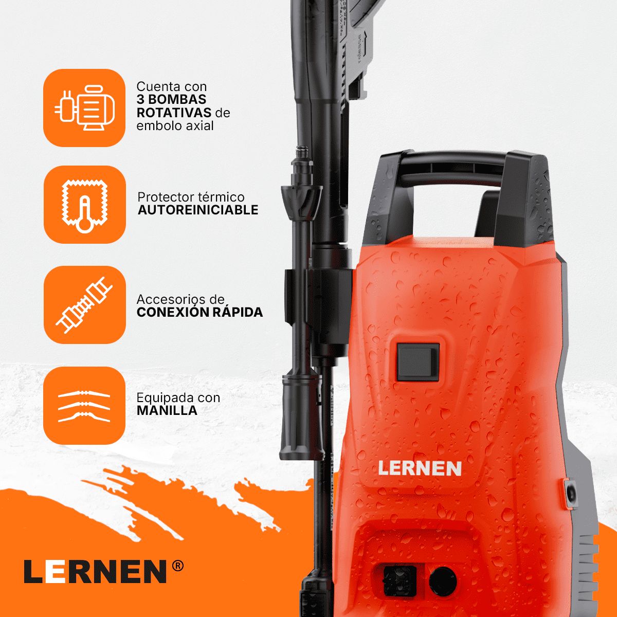 LERNEN - Hidrolavadora 1200w Con Espumaduor Y Accesorios Lernen Naranja 5060