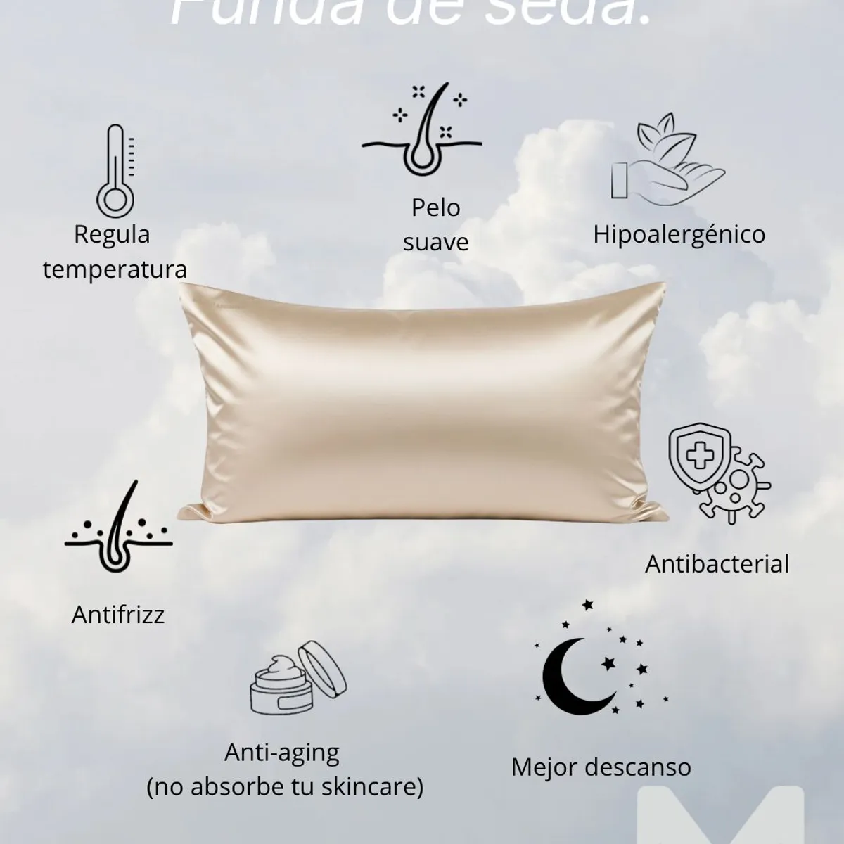 MAS DESCANSO - Funda Queen Marfil - 100% Seda Calidad 22mm con Iones de Plata