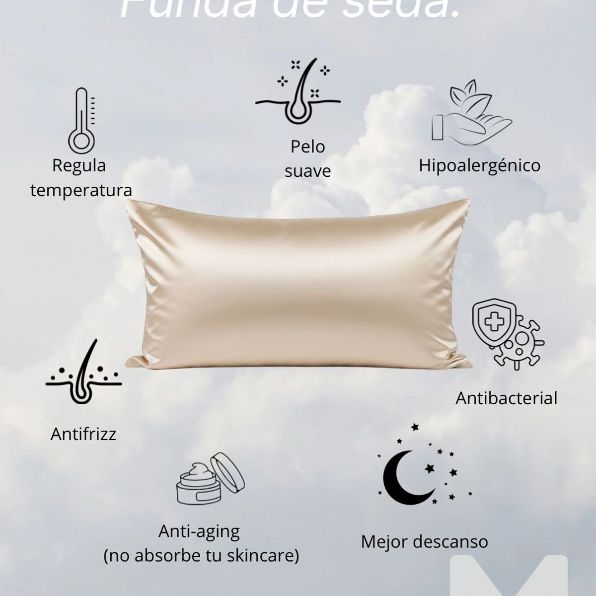 MAS DESCANSO - Funda Queen Dorada - 100% Seda Calidad 22mm con Iones de Plata