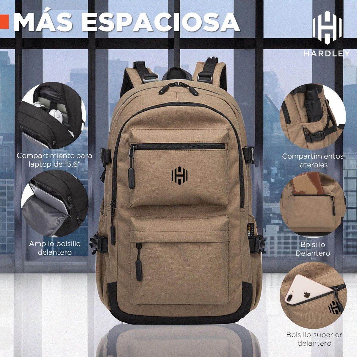 HARDLEY - Mochila Notebook Antirrobo Impermeable 37 lt Hardley Urbana - Cafe - 37