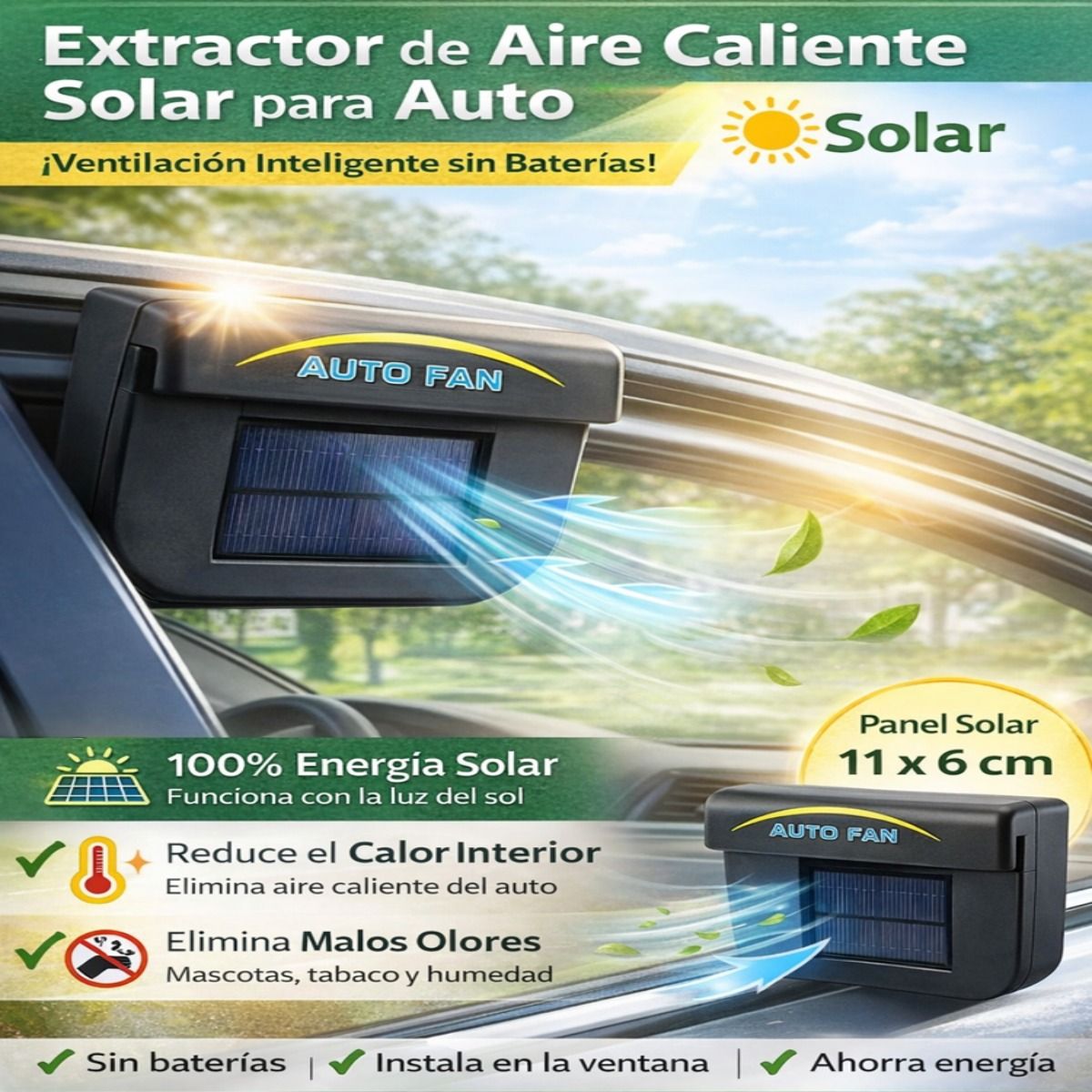MOVI - Extractor de Aire Caliente Solar para Auto  Ventilación Inteligente sin Baterías