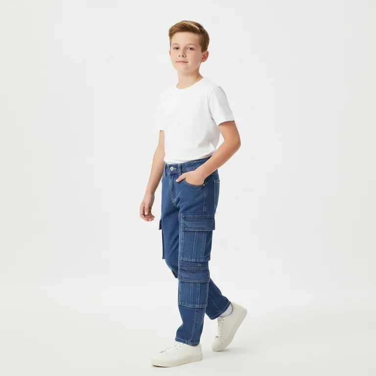 Pantalon Jeans Nino Cargo Urbano Con Bolsillos Funcionales Azul 10