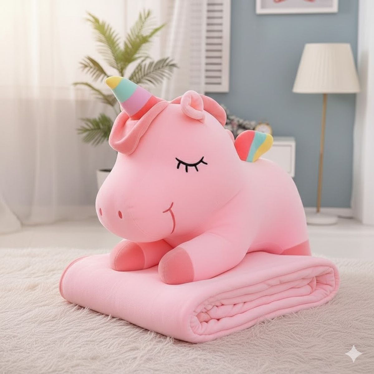 GENERICO - PELUCHE UNICORNIO ROSA  45 CM CON MANTA  1X140 CM LA MANTA SE PUEDE GUARDAR DENTRO PELUCHE