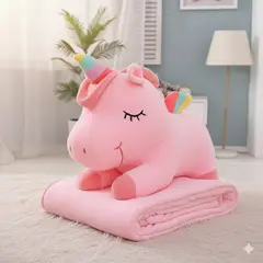GENERICO - PELUCHE UNICORNIO ROSA 45 CM CON MANTA 1X140 CM LA MANTA SE PUEDE GUARDAR DENTRO PELUCHE